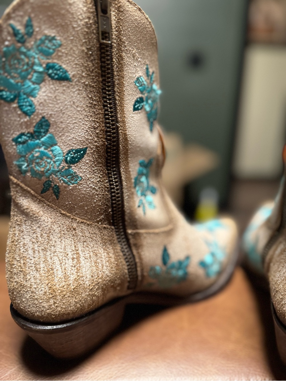 Corral Beige Suede Ankle Boots with Turquoise Floral Embroidery - Picture 4 of 7